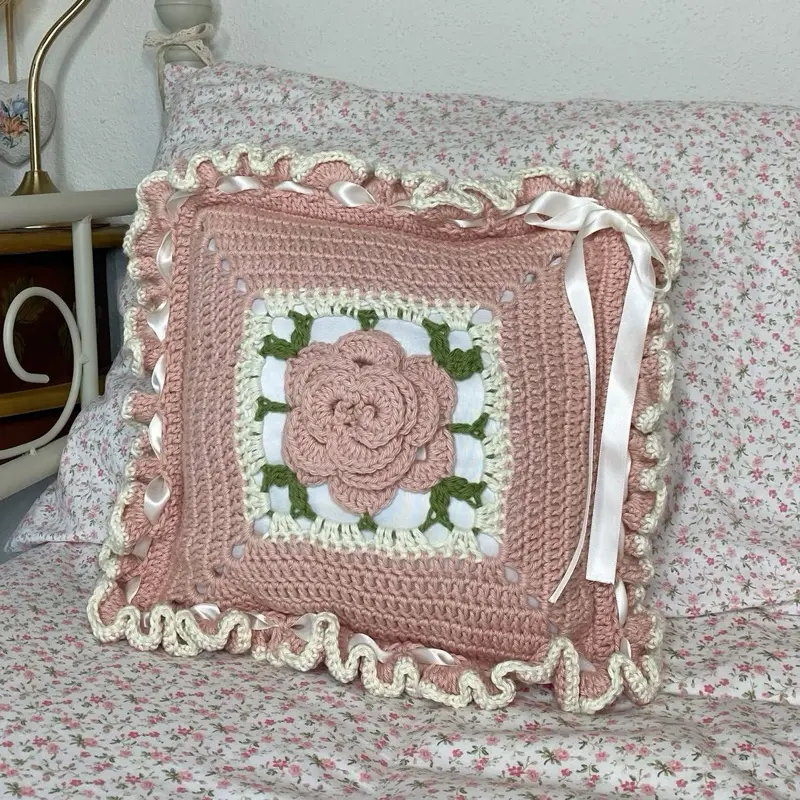 Pink Rose Crochet Handmade Pillow with Elegant Ribbon Trim and Detailed Flower Design