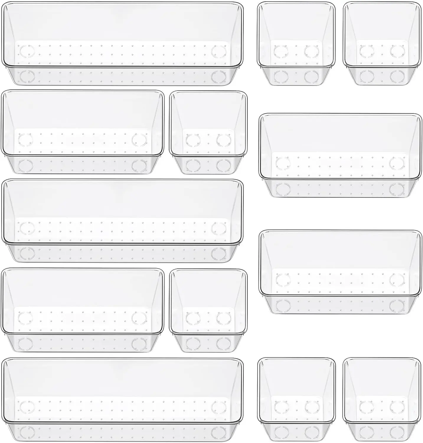 12 Piece Clear Drawer Organizer Set, 3 Sizes Bathroom Vanity Organizer Trays and Storage Bins for Makeup, Cosmetics, Jewelry, and Gadgets. Perfect for Office, Kitchen, Bedroom, Bathroom Use