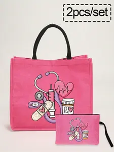 Nurse-themed handbag and makeup bag set (half set), printed with patterns of stethoscopes, hearts, syringes, and thermometers, a large-capacity linen handbag for women, a multi-functional portable handbag suitable for daily commuting, campus life