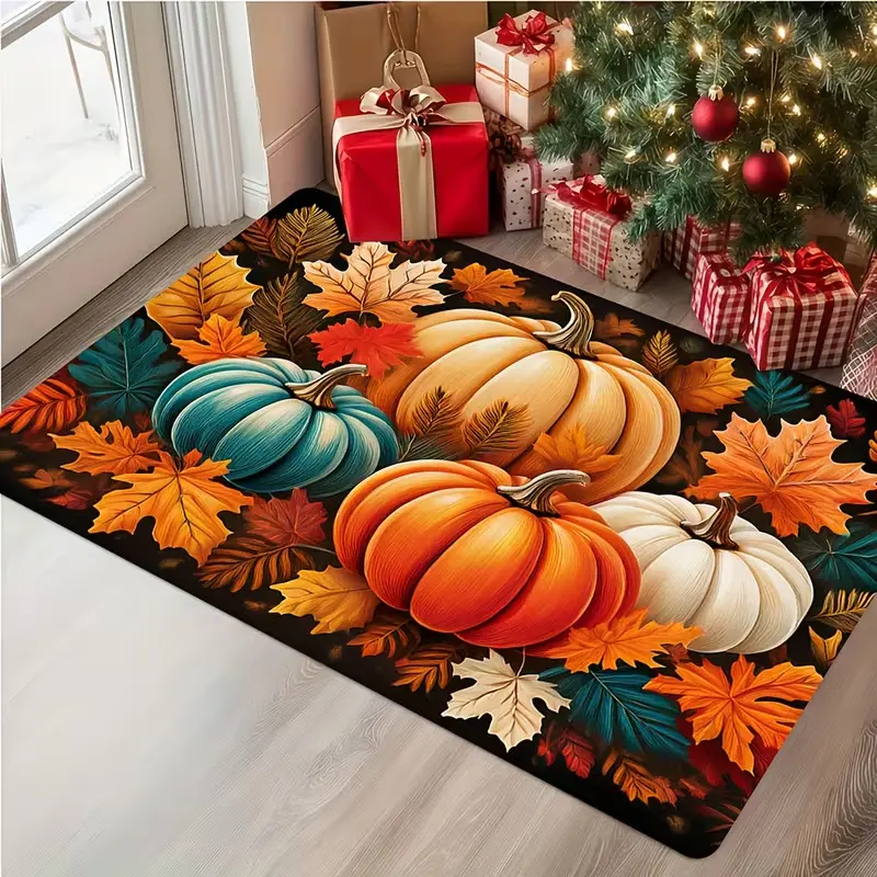 1PC Cozy Flannel Fabric Harvest Theme Floor Mat - Colorful Pumpkin & Autumn Leaf Design, Multi-Size Indoor Decor Rug for Entryway, Kitchen, Ideal Thanksgiving Housewarming Gift for Family