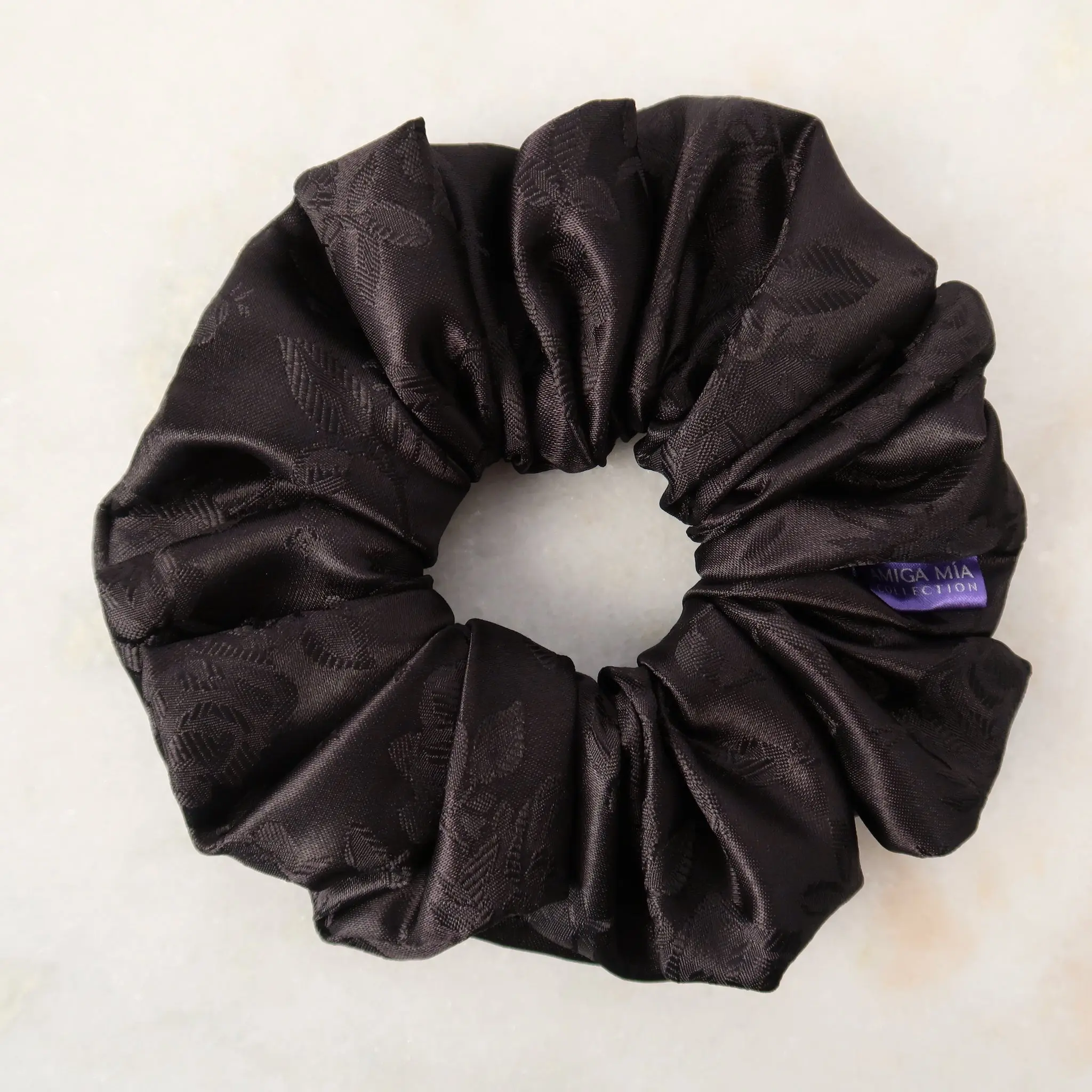 Women's Black Floral Print Synthetic Jacquard Scrunchie, Oversized 6-in Soft Gentle Elastic Hair Tie, Woven Texture for Casual Everyday Wear, Made in USA, 6-Inch, Polyester, Wide Elastic, Casual Wear, Soft Elastic