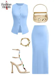 2026 Spring Summer European Style Women's Chic Fashion Set, Solid Color Sleeveless Button-Up Cardigan and Mini Skirt Two-Piece