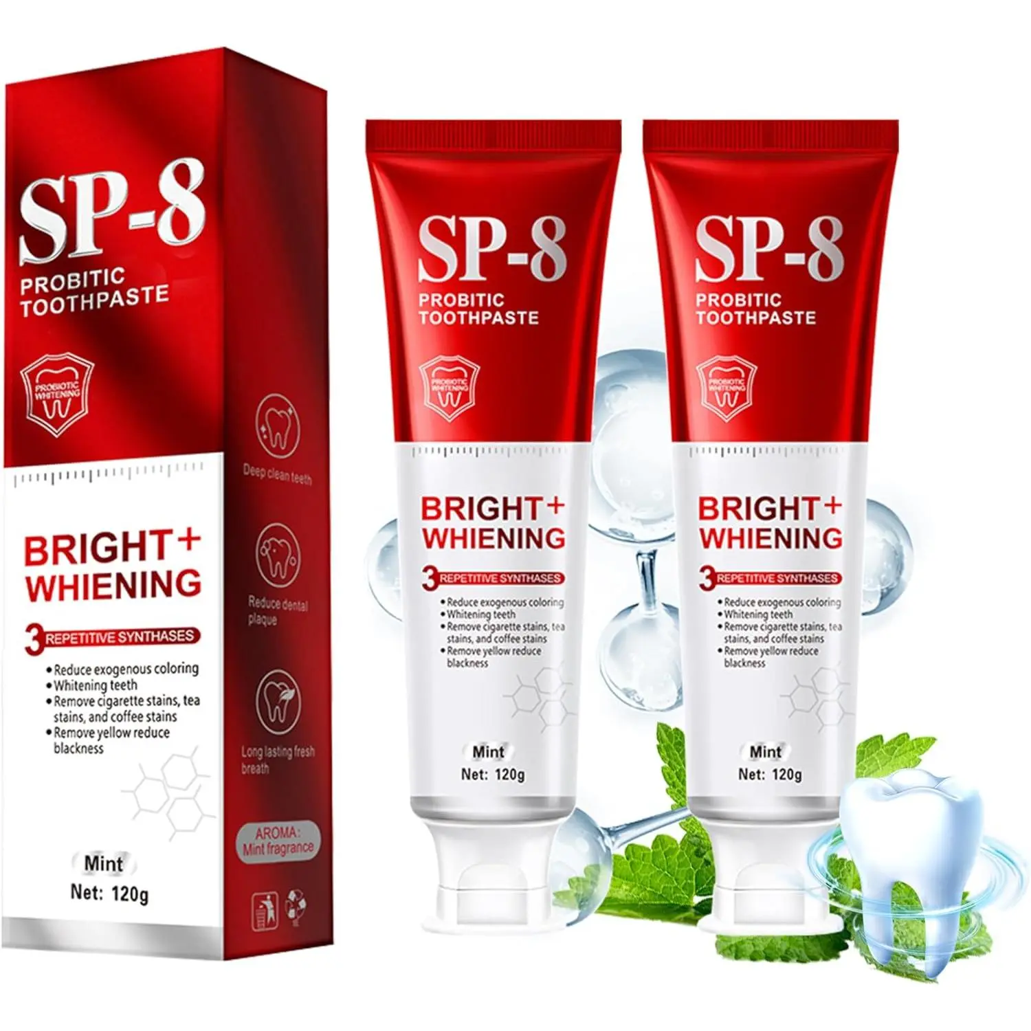 SP-8 Probiotic Whitening Toothpaste (2PCS Multipack), Enhanced Fluoride-Free Fresh Mint Formula with Multiple Probiotics for Oral Care, Teeth Whitening, Gum Care, Fresh Breath, Plaque Removal Solutions, Remineralization, Mouth Ulcer Treatment, Mouth Ulcer