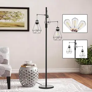 NUNET Boho Industrial Farmhouse Floor Lamp with Stepless Dimming & 3 Adjustable Cage Shades - Vintage Rustic Tall Standing Light for Living Room/Office, Includes Edison Bulbs, Weighted Base