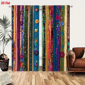 2D Flat Bohemian Folk Art Print Drapes, Home Decoration Curtain, 2-Piece Set, Vertical Colorful Fabric Strips, Floral Design, Ideal for Living & Bedrooms