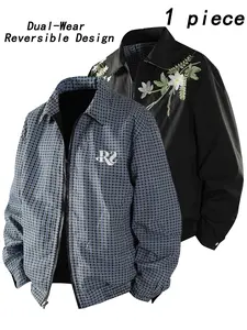 Men's Reversible Pilot Jacket Coats, Floral Embroidery & Blue Plaid, Fitted Long Sleeve, Casual Street Fashion, All Seasons Wear