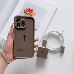 Christmas New 6-Piece Set Simple Cross Pattern High Bamboo Protective Phone Case + Charger Head Cover + Cable Protector + Storage Rope, Accessories