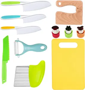 Summer 11 Pieces Wooden Kids Kitchen Knife, Kids Kitchen Set Include Wood Knife, Serrated Edges Plastic Toddler Knife, Crinkle Cutter, Sandwich Cutter, Y Peeler, Cutting Board
