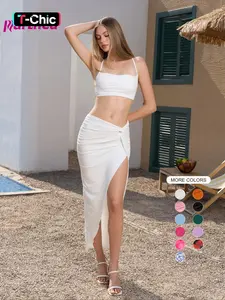 Parthea Women's Backless Cami Sleeveless Ruched Crop Top Set, Twist Split High-Waisted Long Dress, Casual Vacation, Bold and Sexy Fit Style, Skirt
