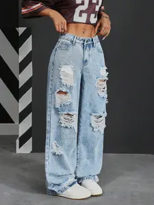 Women's 2026 New Fashion Denim Jean Ripped Design Fit Wide Leg Pants, Trendy Streetwear Straight Tube Long Pants, Washed Craftsmanship, Casual Wear