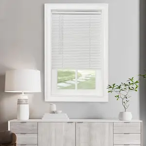 Wireless Light Filtering Mini Blinds - 27 inches wide, 64 inches long, 1 inch slat size - Pearl White - Designed wireless horizontal window blinds for interior design