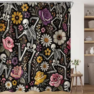 Skull Floral Print Shower Curtain, 70.9x70.9 Inches, Polyester Fabric, Easy Clean, Includes 12 Hooks, Bathroom Decor, All Seasons, Flower