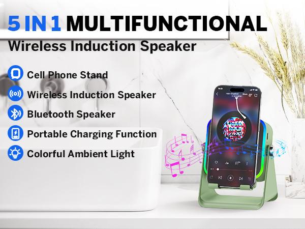PUTARE Wireless Induction Audio Speaker Stand, 5in1 Cellphone Holder, 3500mAh Rechargeable Emergency Power Bank,360° Adjustable Mobile Tablet Stand with Colorful Ambient Light Gifts for Men Women FathersDayGift SummerWins
