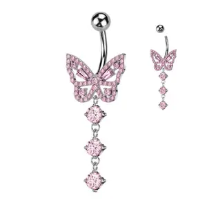 Pink Butterfly Belly Ring Surgical Steel 14 Gauge Hypoallergenic Bar Length 10mm Body Jewelry