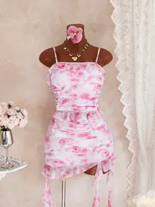 New Women's Romantic Floral Ruffle Backless Bikini Set, 3-Piece Beach Vacation, Elegant Half Skirt Swimwear, Summer Bikini, Ruffle Bathing Suit, Swimsuit Summer