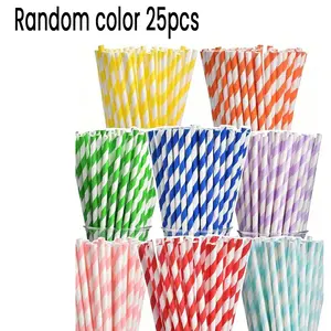 25-Pack Light Blue/ Striped Beverage Straw, 6mm Diameter, 197mm Long, Cute Cartoon Paper Straw, Perfect for Parties, Weddings, School Supplies