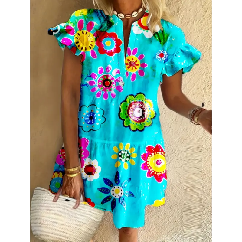 summer  new style dress unique curvy women Elegant Loose Plus Size Women'S Random Floral Print Dress - Bohemian V-Neck Button Front with Ruffle Trim, Breathable & Comfortable, Perfect for Spring/ Summer Casual Elegance