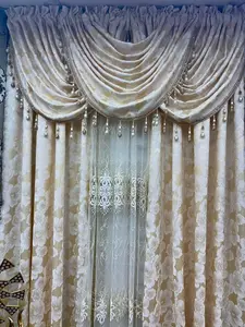 Yara 6-Piece Luxury Jacquard Curtain Set with Beaded Valance - Beige Floral Pattern, 54"x84" Panels, Embroidered Sheer, Triple Waterfall Valances, Durable Polyester Fabric Interior Decoration Accessories Home Textile