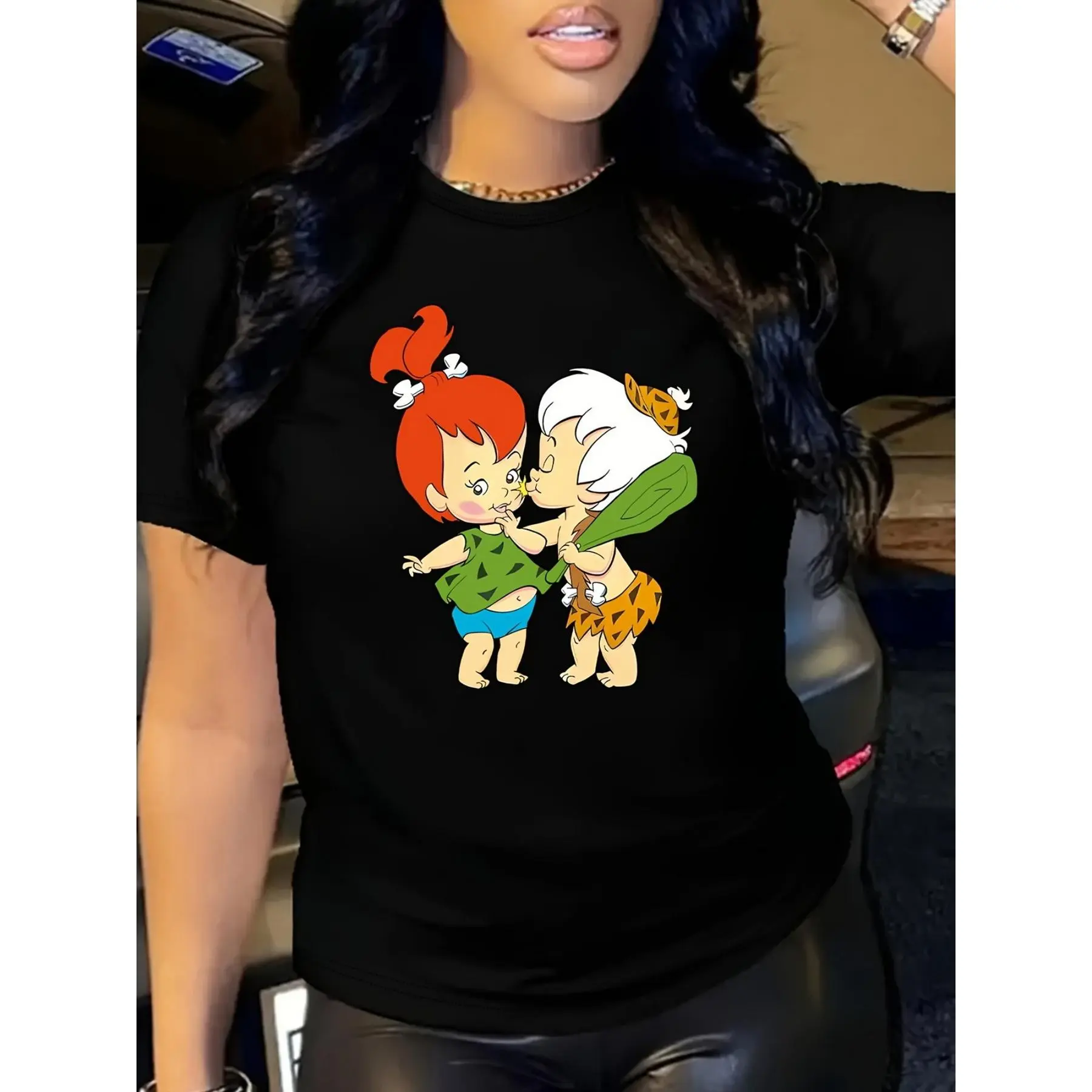 Women's Black 180g Cotton Crew Neck Short Sleeve Printed T-Shirt - Cute Pebbles and Bamm-Bamm Cartoon Design - Casual Summer Tee - Soft Comfortable Graphic Top for Ladies - Perfect Gift Idea Fashion Apparel
