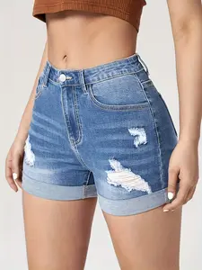 Women's Ripped High-Waisted Denim Shorts - Rolled Hem Details, Womenswear Bottom for Casual Stylish Street Look