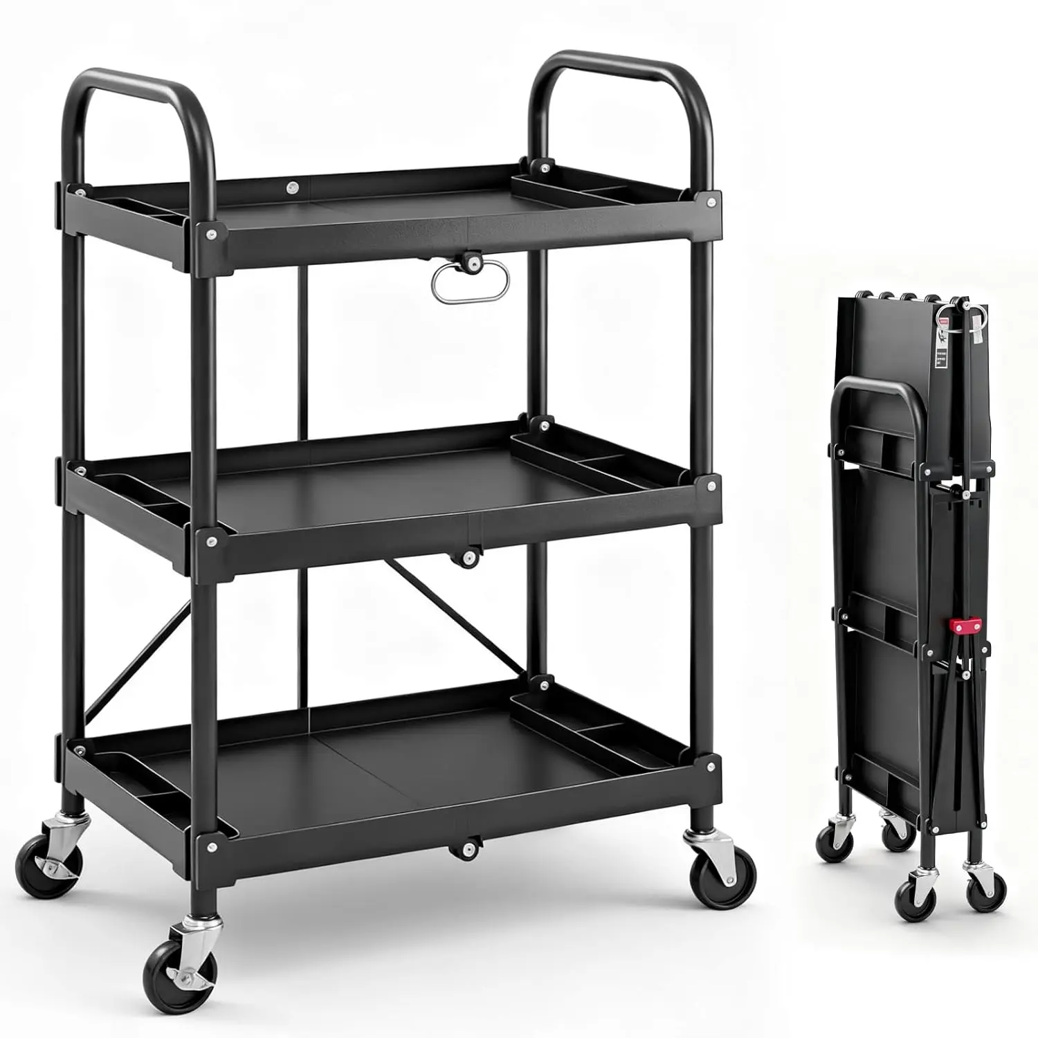 3-Tier Foldable Rolling Utility Cart, Heavy Duty Service Cart with Locking Wheels, Flat Folding Storage Trolley, 120 lb Capacity