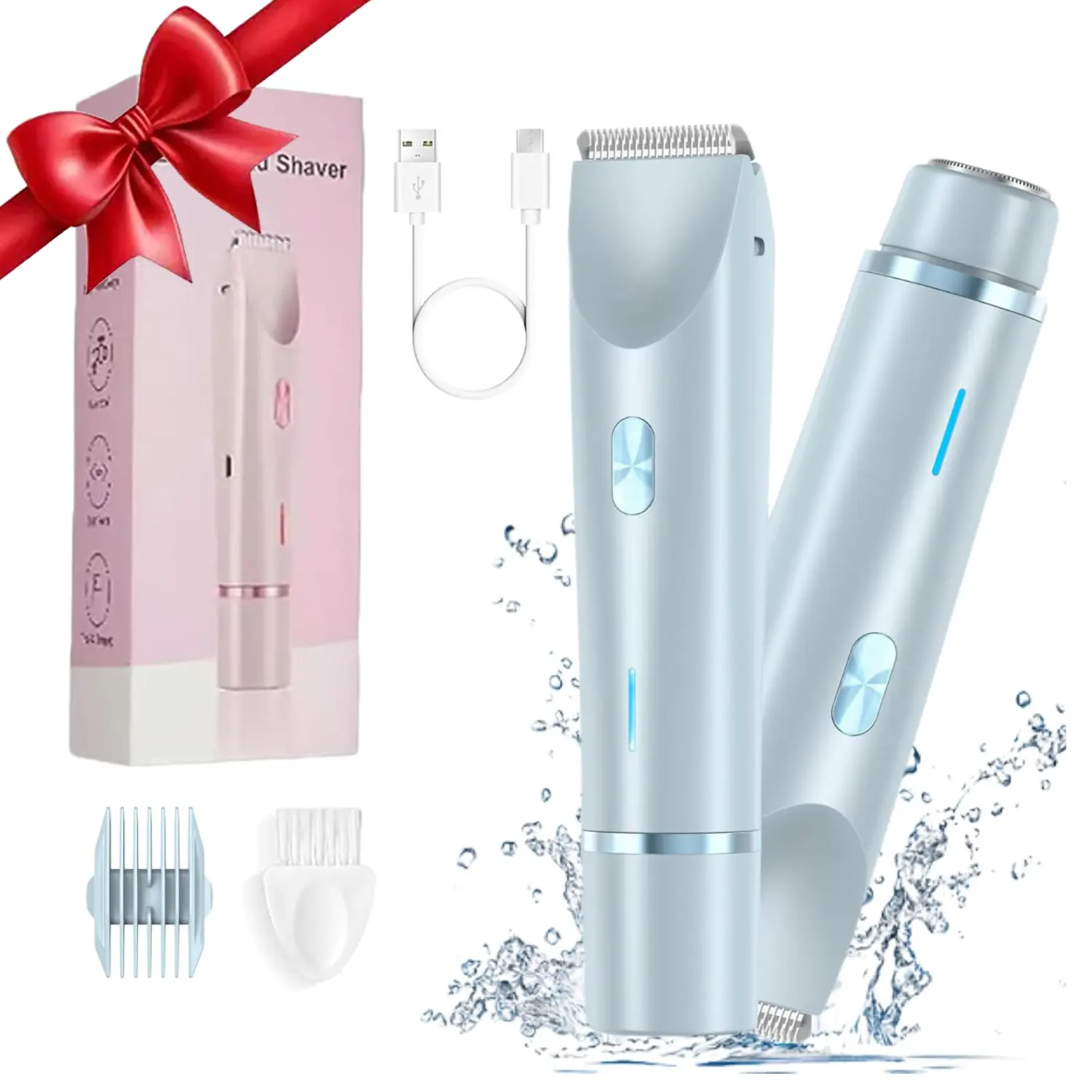 Bikini Trimmer for Women, Intimate Pubic Trimmer, Electric Shaver and Razor, Rechargeable Cordless Trimmers, Cordless Rechargeable Trimmer 2-in-1 Body and Facial Hair Removal for Painless Trimming of Pubic Face Underarm Legs, IPX7 Waterproof, pink