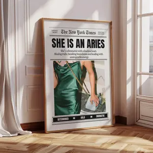 Aries Zodiac Trendy Newspapers Magazine Headline wall art, The Classic Black & White Editorial Poster Aesthetic poster, Girly Horoscope Astrology Fashion Print, Room Decor