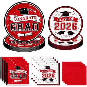 Red Graduation Plates and Napkins Class of 2026 Grad Congrats Party Supplies Disposable Paper Plates Napkins for 2026 Graduation Party Decorations