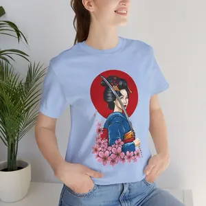 Japanese T-Shirt, Samurai Geisha Cherry Blossoms Graphic Tee Shirts, Gamer Gift For Japan Art Lovers