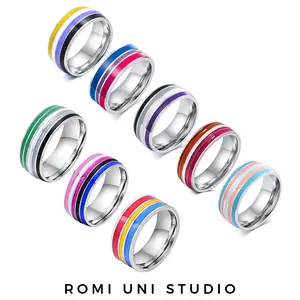 Enamel Rainbow Ring 8mm – LGBTQ+ Pride Band for Men & Women, Party, Daily Wear – Simple and versatile – Pride Jewelry, Rainbow Ring, LGBTQ+ Pride Symbol, Colorful Enamel Ring Couple ring