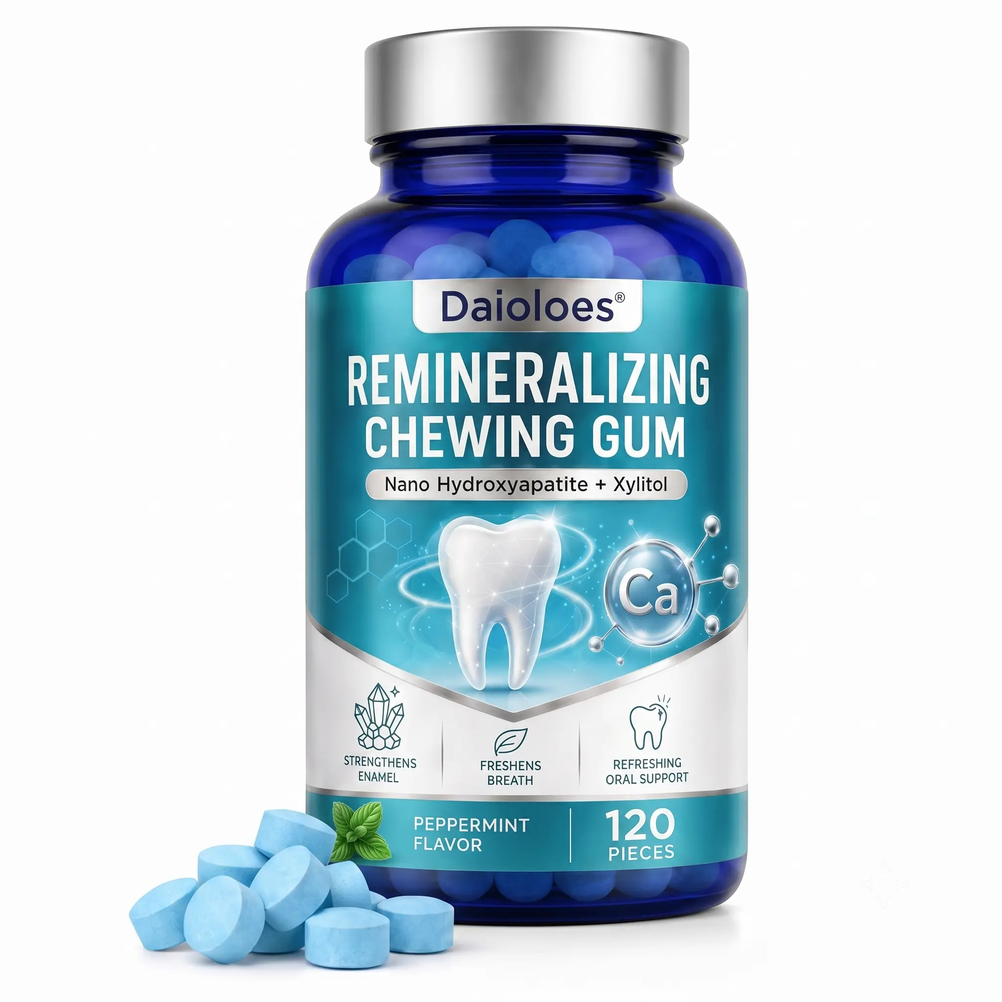 Remineralizing Gum with Nano Hydroxyapatite,Smooth Xylitol Gum Mint Long-Lasting Sugar-Free Gum Hydroxyapatite Gum for Tooth Remineralization and Fresh Breath No Aspartame Plastic-Free 120 Pieces