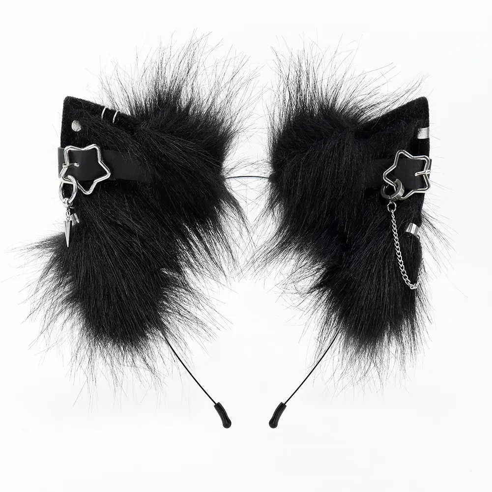 Realistic Gothic Faux Fur Bunny Ear Headband - Bold Punk Fur Accents, Metal Chains, Animal Ear Accents Hair Accessory for Halloween Cosplay, Bunny Ear Headbands
