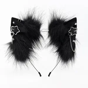 Gothic Punk Faux Fur Animal Ear Headband with Metal Chain – Dark Aesthetic Cosplay Hair Accessory for Parties, Festivals & Costume Events