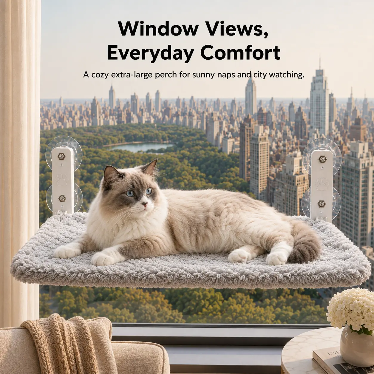 Sohochic Folding Cat Window Perch - 44 lb Strong Hold Suction Cup Hammock, Plush Leather Space-Saving Warm-Retaining Bed for Large Indoor Cats, Single Unit (no extra accessories included)