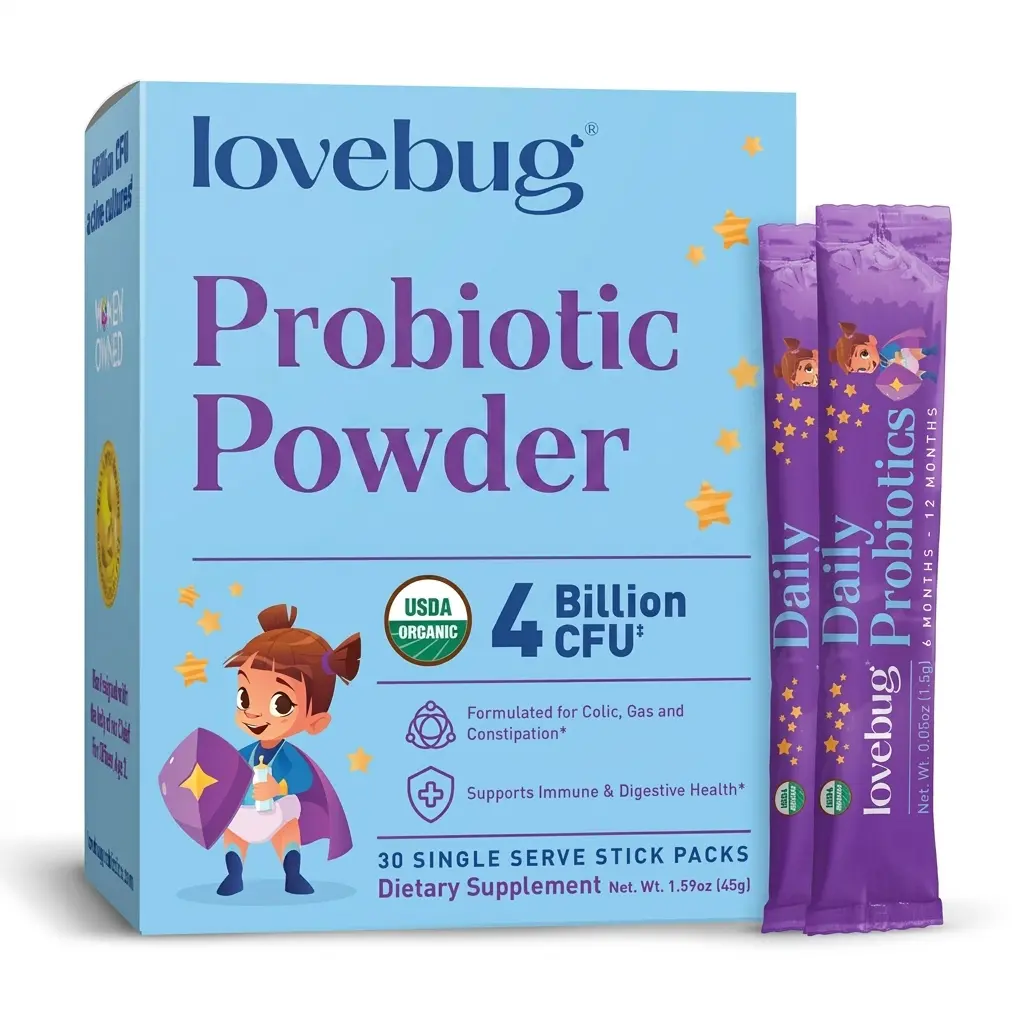 Lovebug Probiotic Powder | 4 Billion CFU, 4 Strains | USDA Organic Daily Powder | Colic, Gas & Digestive Support | 30 or 60 Stick Packs