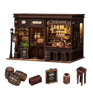 Corner Tavern DIY Exquisite Ornaments 3D Miniature Dollhouses Bookshelf Room Decorations Mini Craft Kits for Living Room Tabletop Holiday Gifts Thanksgiving Halloween Christmas Birthdays