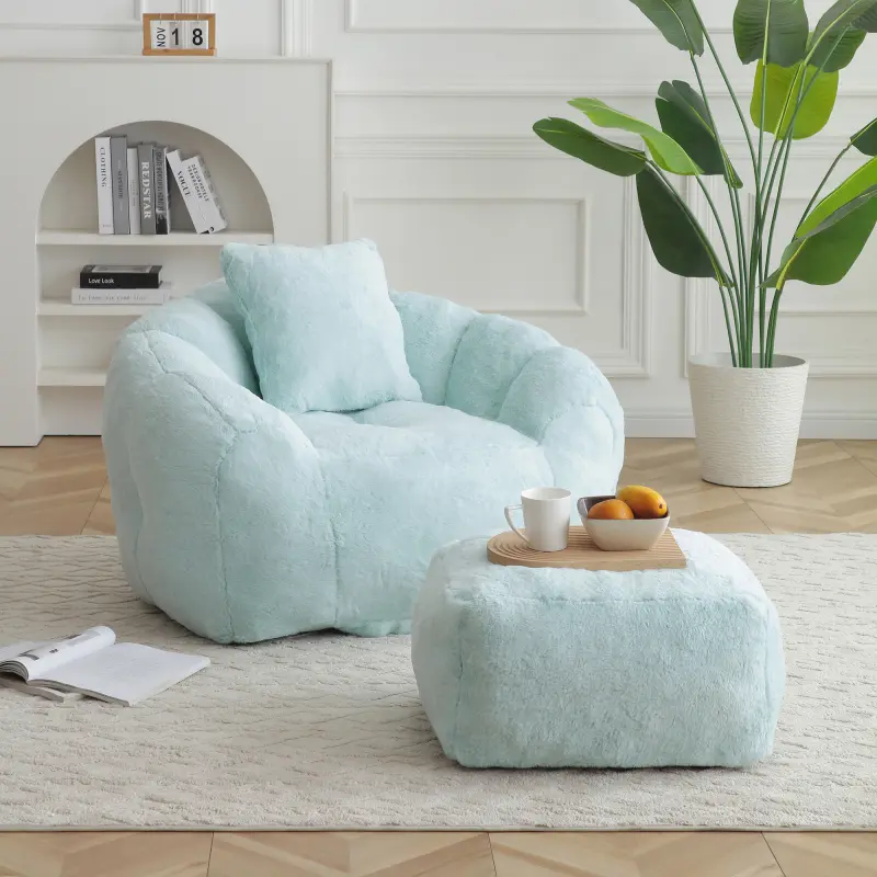 Modern Oversized Shell-Shaped Faux Fur Giant Bean Bag Chair with Footstool and Filler, Stuffed Accent Floor Sofa for Adults, Ideal for Gaming and Reading in Living Room or Bedroom