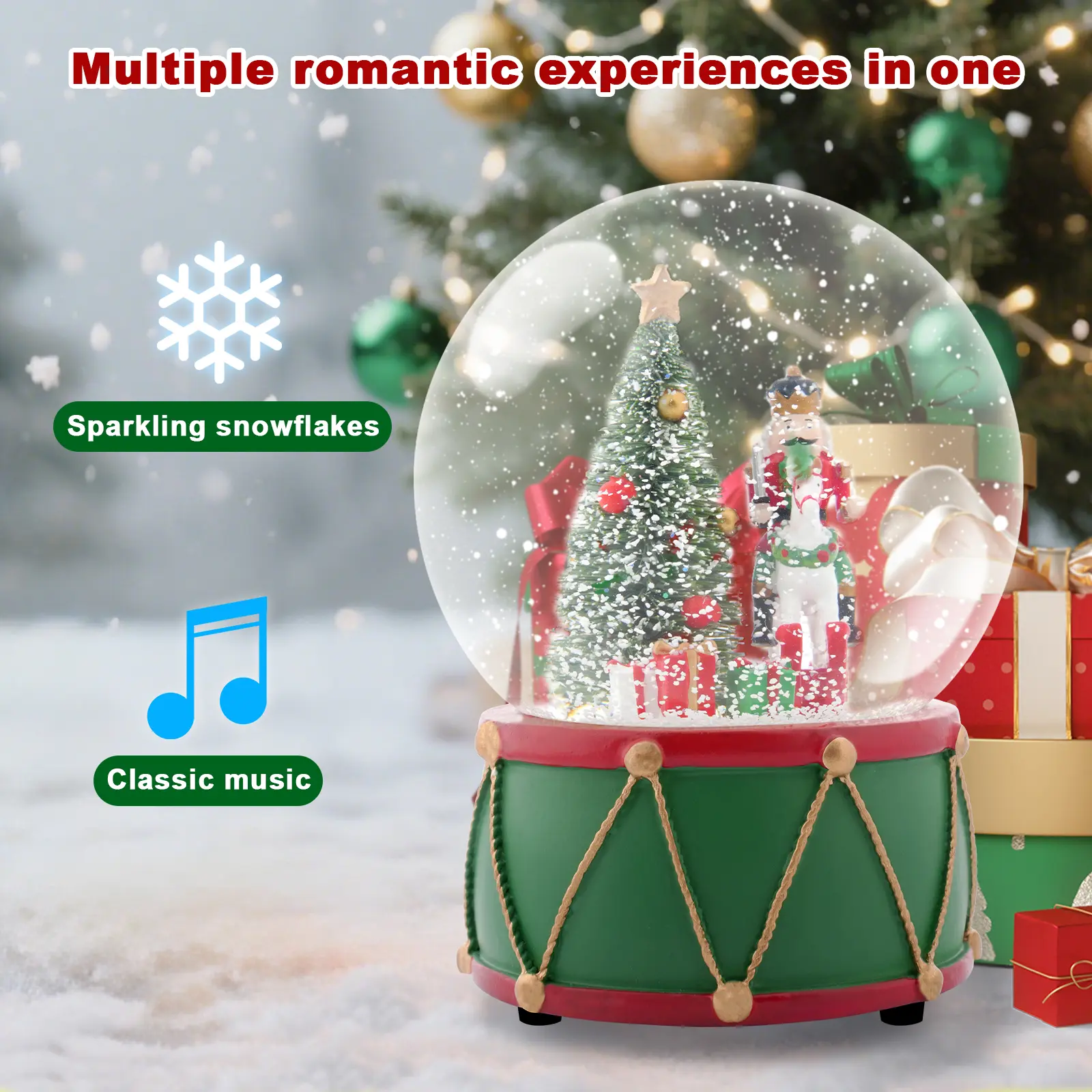 6 in Riding Nutcracker Christmas Tree Figurine with Built-In Classical Music, Festive Drum Base, Holiday Tabletop Decoration & Christmas Gift