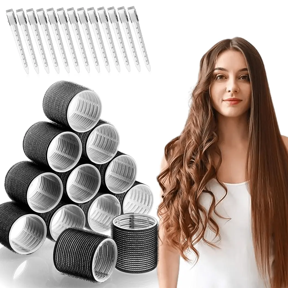 Jumbo Hair Curlers Rollers, 12Pcs Hair Roller Curlers Self Grip Holding Rollers with12 Stainless Steel Duckbill Clips for Long Hair Volume