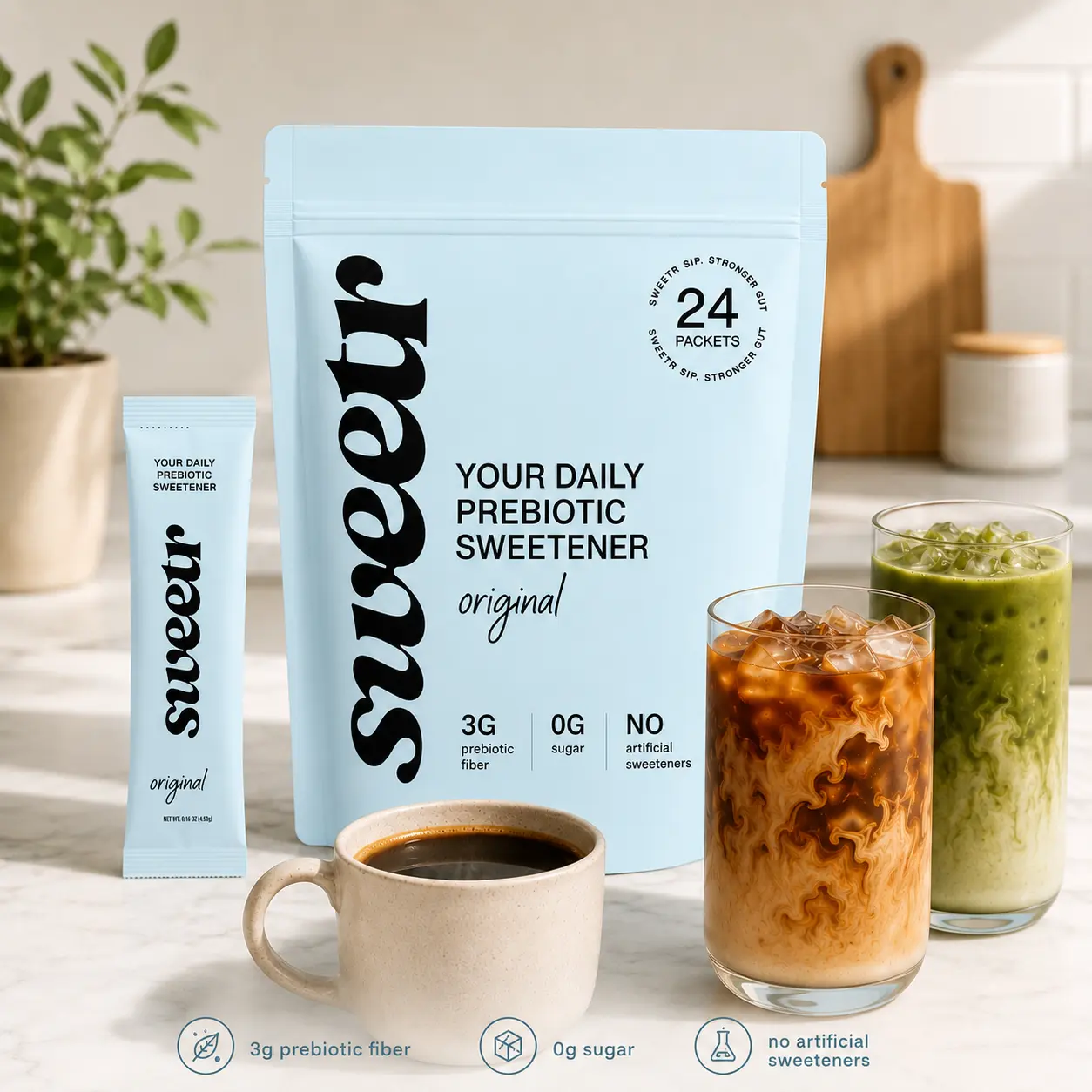 sweetr Natural Prebiotic Sweetener - Gut Health Support, 0g Sugar, No Artificial Ingredients, Rich Flavor, 5-Calorie Sugar Substitutes, Stick, Zero Added Sugar