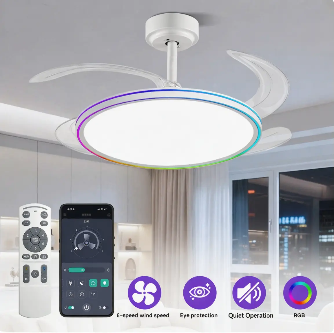 BaySquirrel 42" Modern Smart Ceiling Fan with RGB LED Lights - Dual Ring Color Changing, Retractable Blades, 6 Adjustable Speeds Reversible DC Motor, APP & Remote Control, Adjustable Brightness Ceiling Fans with Lamps - Ideal for Bedroom, Living Room