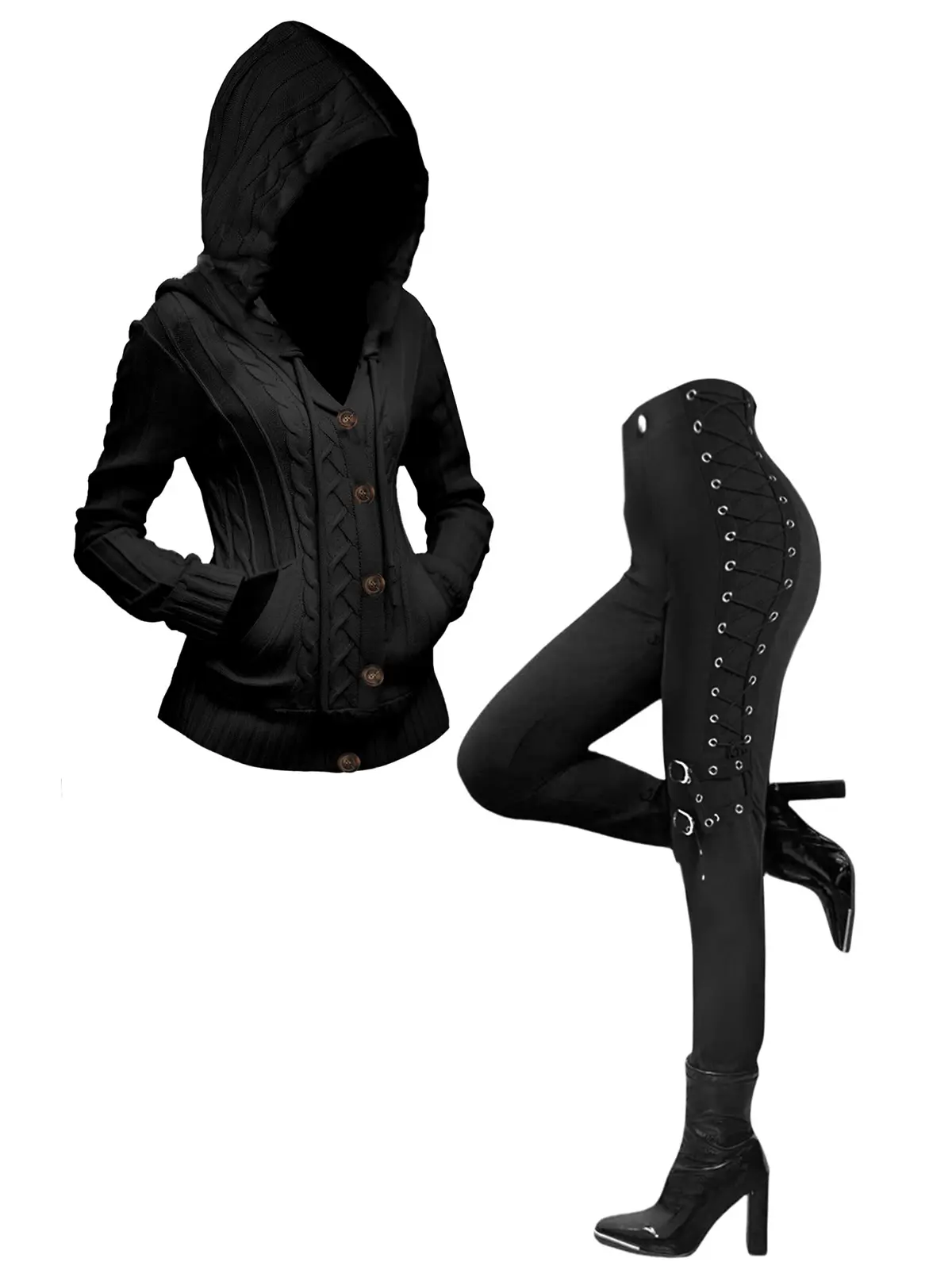 DRESSLILY Women's Matching Set Cable Knit Button Up Hooded Cardigan Plain Color Long Sleeve Casual Cardigan and Grommet Buckle Lace Up Pants Elastic Waist Punk Skinny Pants Outfits