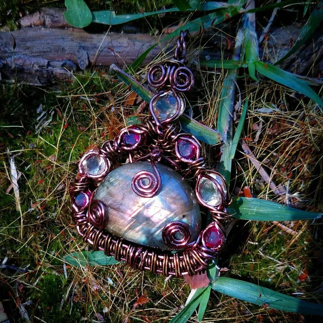 "Aphrodite" - Wire Wrapped Labradorite, Citrine, and Rhodalite Pendant Necklace
