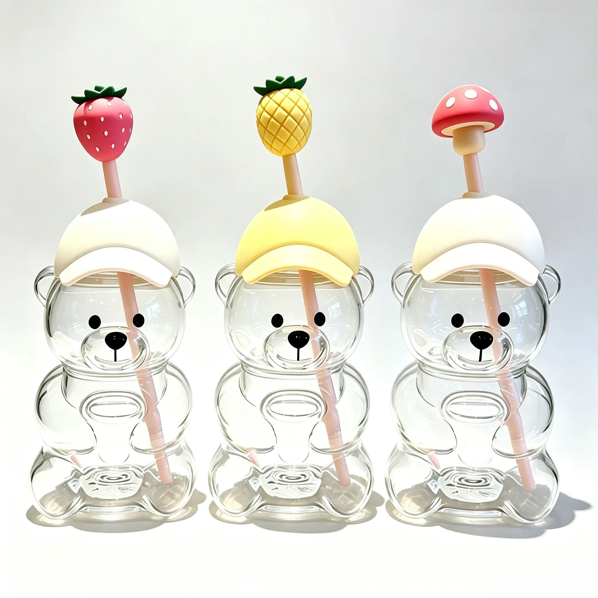Cartoon Bear Borosilicate Glass Tumbler 591ML, Straw Topper & Baseball Cap Lid Water Bottle, Creative Holiday Gift for Women Students Birthday Cup