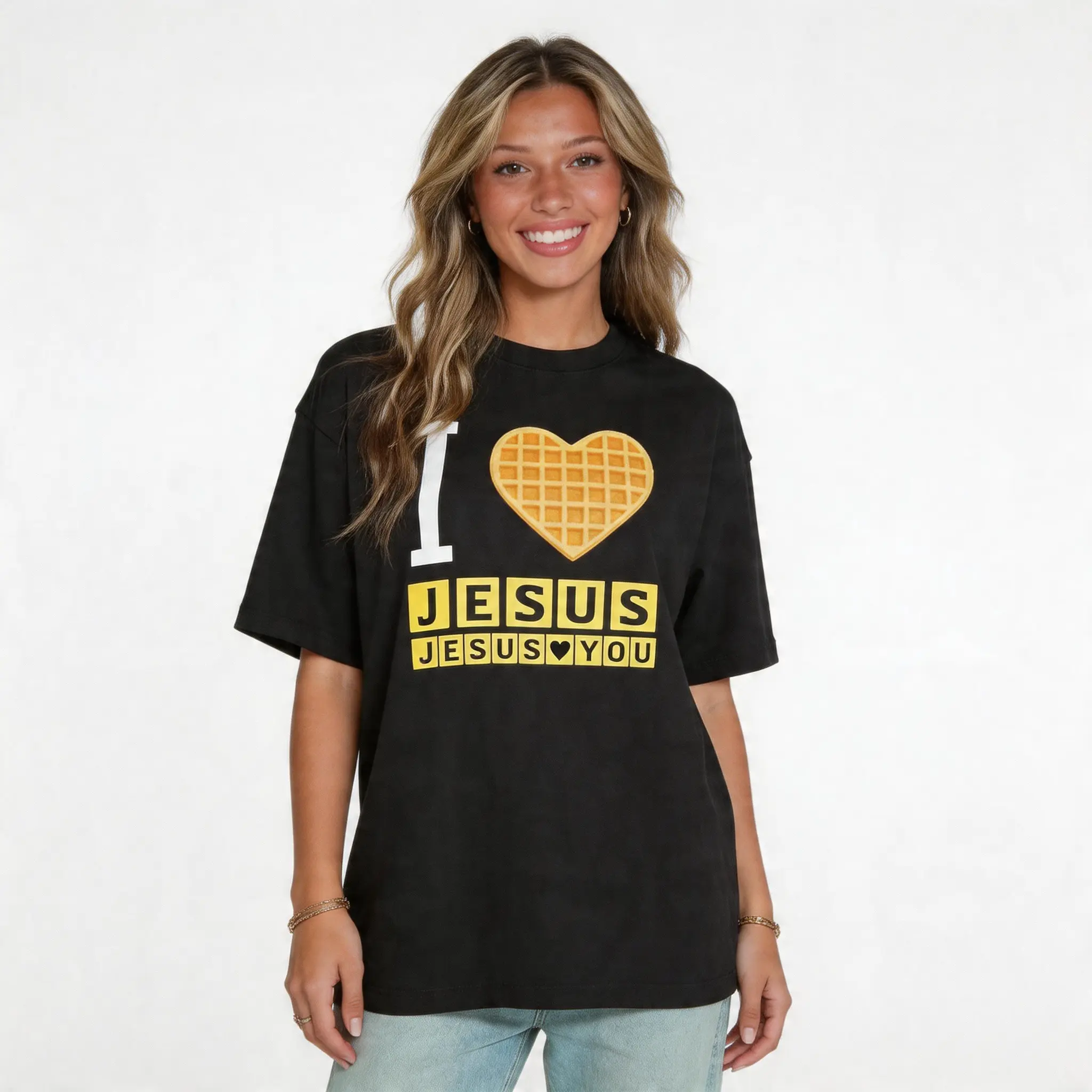 Unisex Christian Short-Sleeve Round Neck Waffle Fabric Sports Top - Jesus Love Quote Graphic, Bryce Crawford Merch, All Seasons Casual Machine Washable Breakfast-Inspired Streetwear, Clothing Merch, Graphic Tees