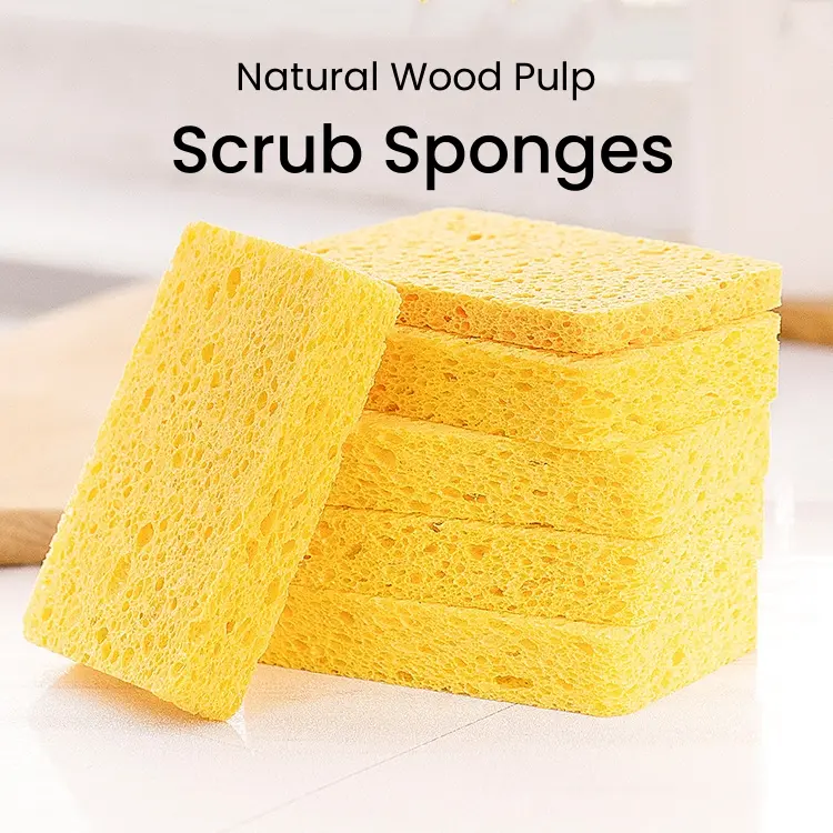 6 Counts Non-Scratch Compressed Wood Pulp Sponges,Natural Scrub Sponges,best for Non-Stick Cookware in Household and Kitchen