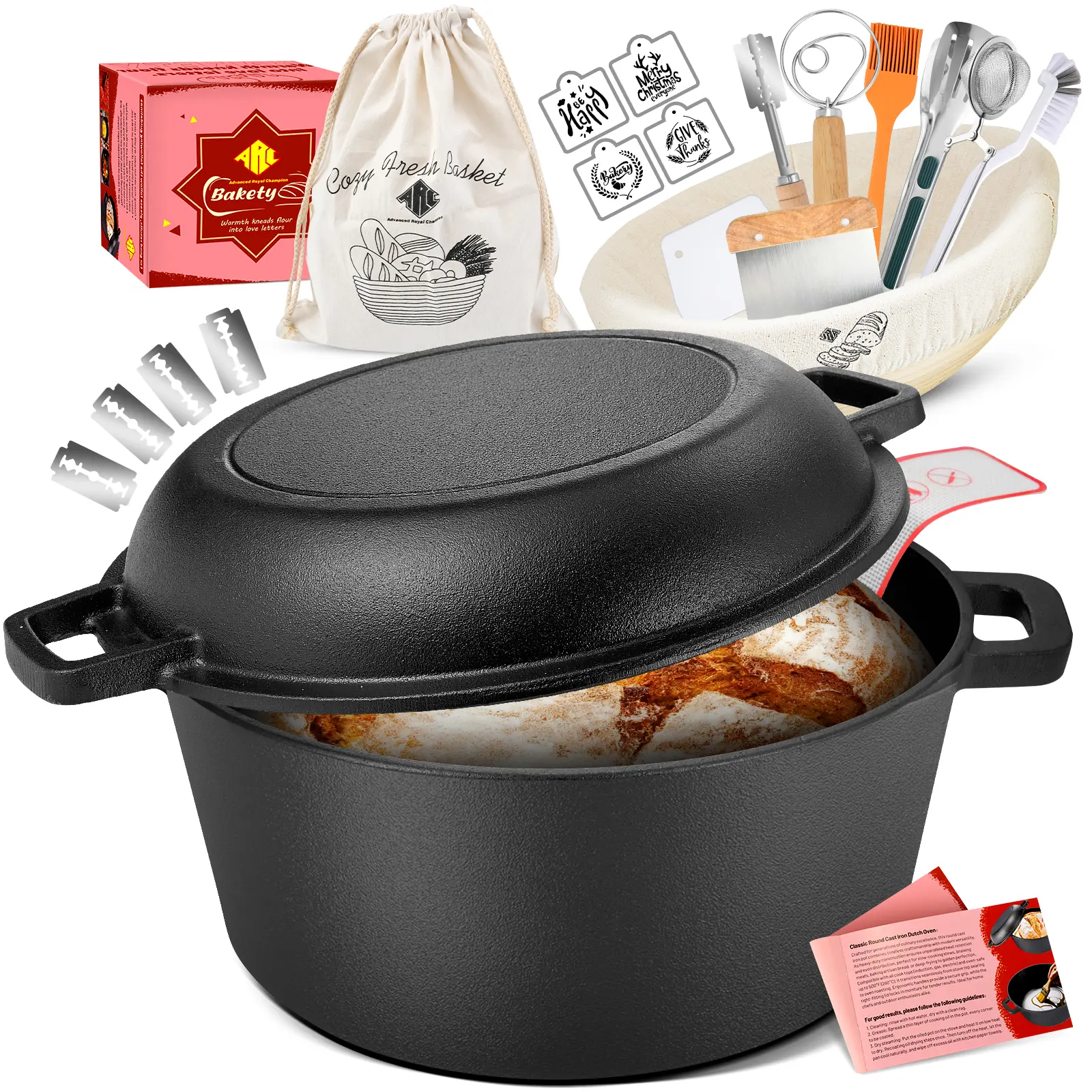 5QT Cast Iron Dutch Oven Bread Baking Kit - Complete Sourdough Supplies Set - Proofing Basket & Lame