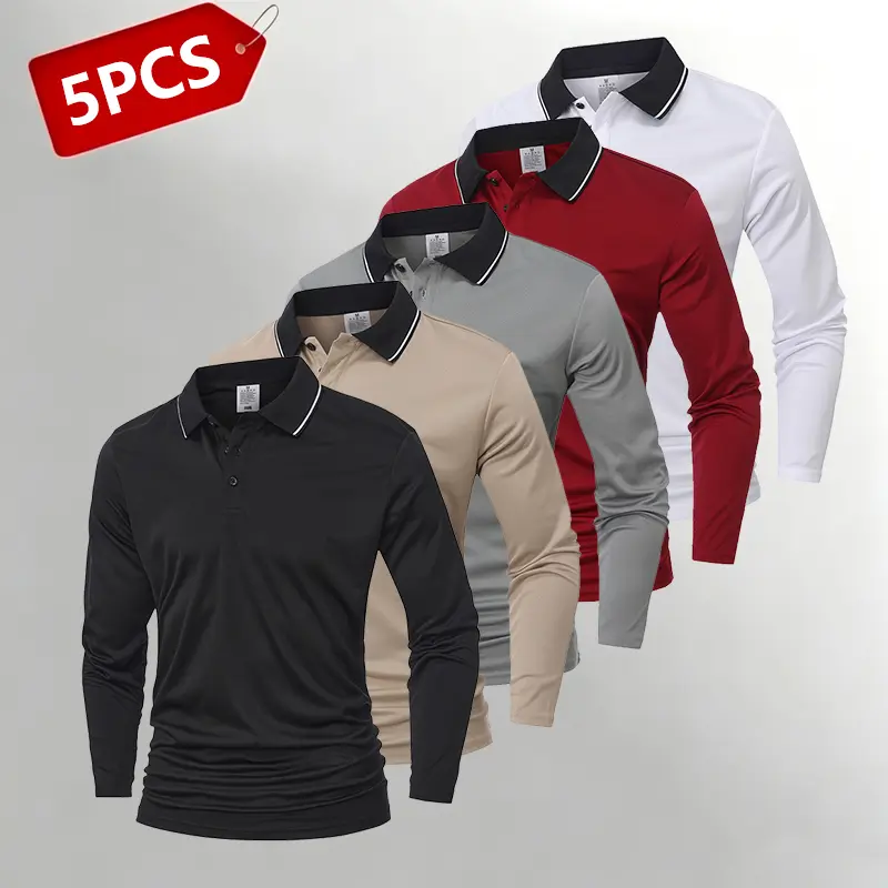 Clean Gent Men’s 5-Pack Quick-Dry Moisture-Wicking Fabric Polo Shirt with Polo Collar, Comfortable Breathable Long Sleeves, Casual Fit—Ideal for Work/Business, Golf, Travel, and Everyday Wear