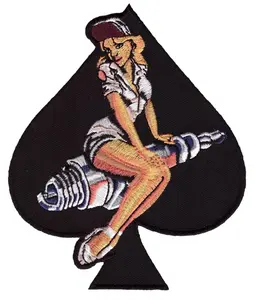 Pin UP Girl Spark Plug Spade 3.5 Inch Iron On MC Biker Patch