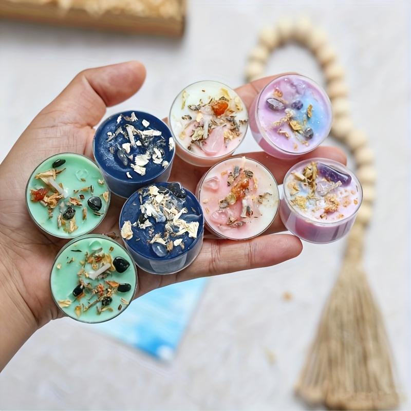 12-piece set of crystal tea candles with 4 scents, soy wax aromatherapy candles, handmade crystal dried flower decorations, home fragrance, great gift. Includes a mix of 4 different scents, suitable as a gift for any candle lover decor